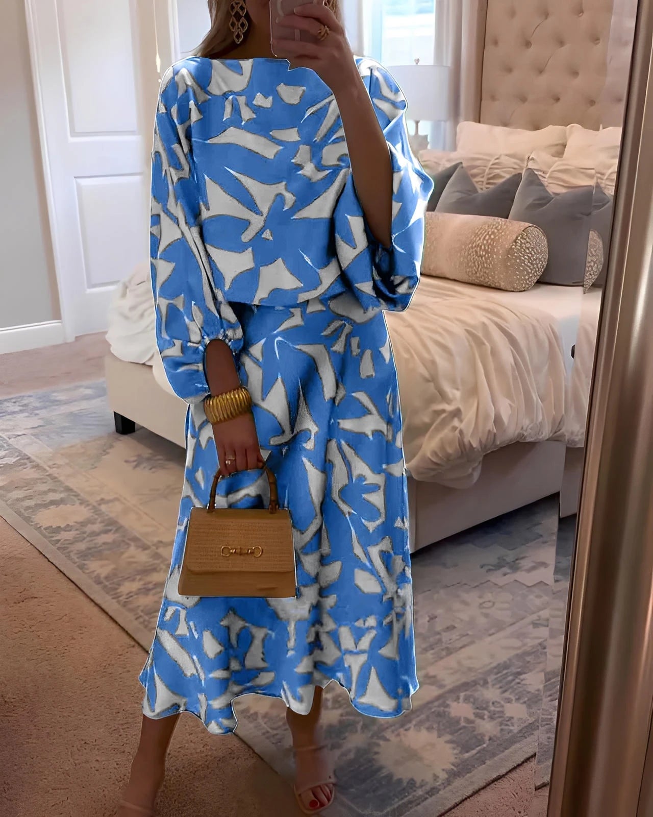 Printed Two-Piece Lantern Sleeve Dress Set – She Style Only