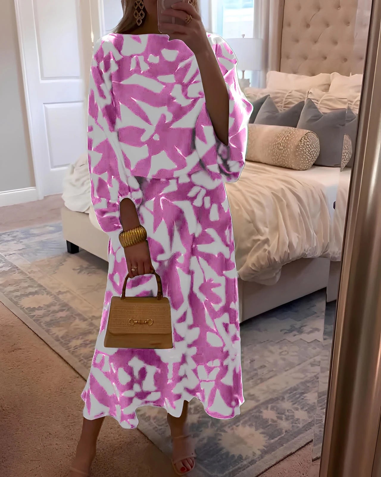 Printed Two-Piece Lantern Sleeve Dress Set – She Style Only