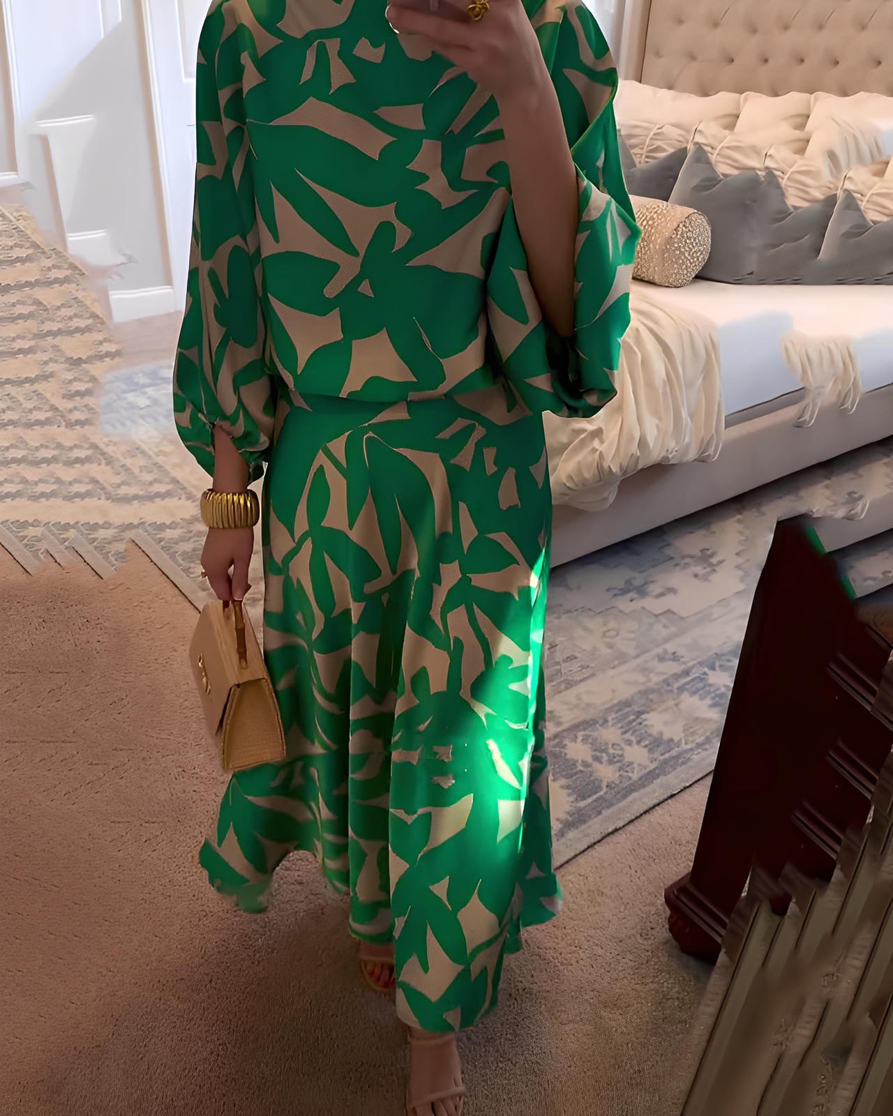 Printed Two-Piece Lantern Sleeve Dress Set – She Style Only