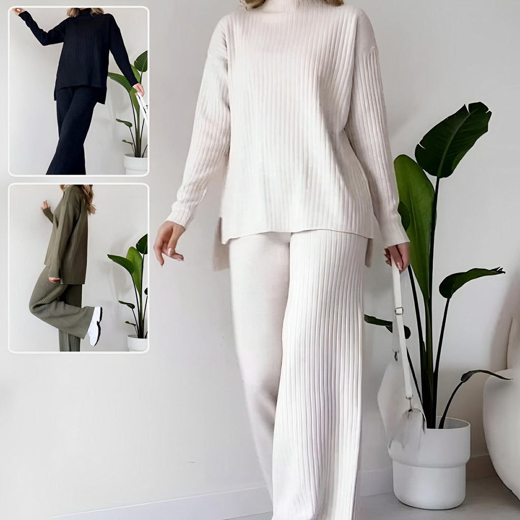 Split-Hem Knit Turtleneck Set – Modern Comfort Meets Effortless Style