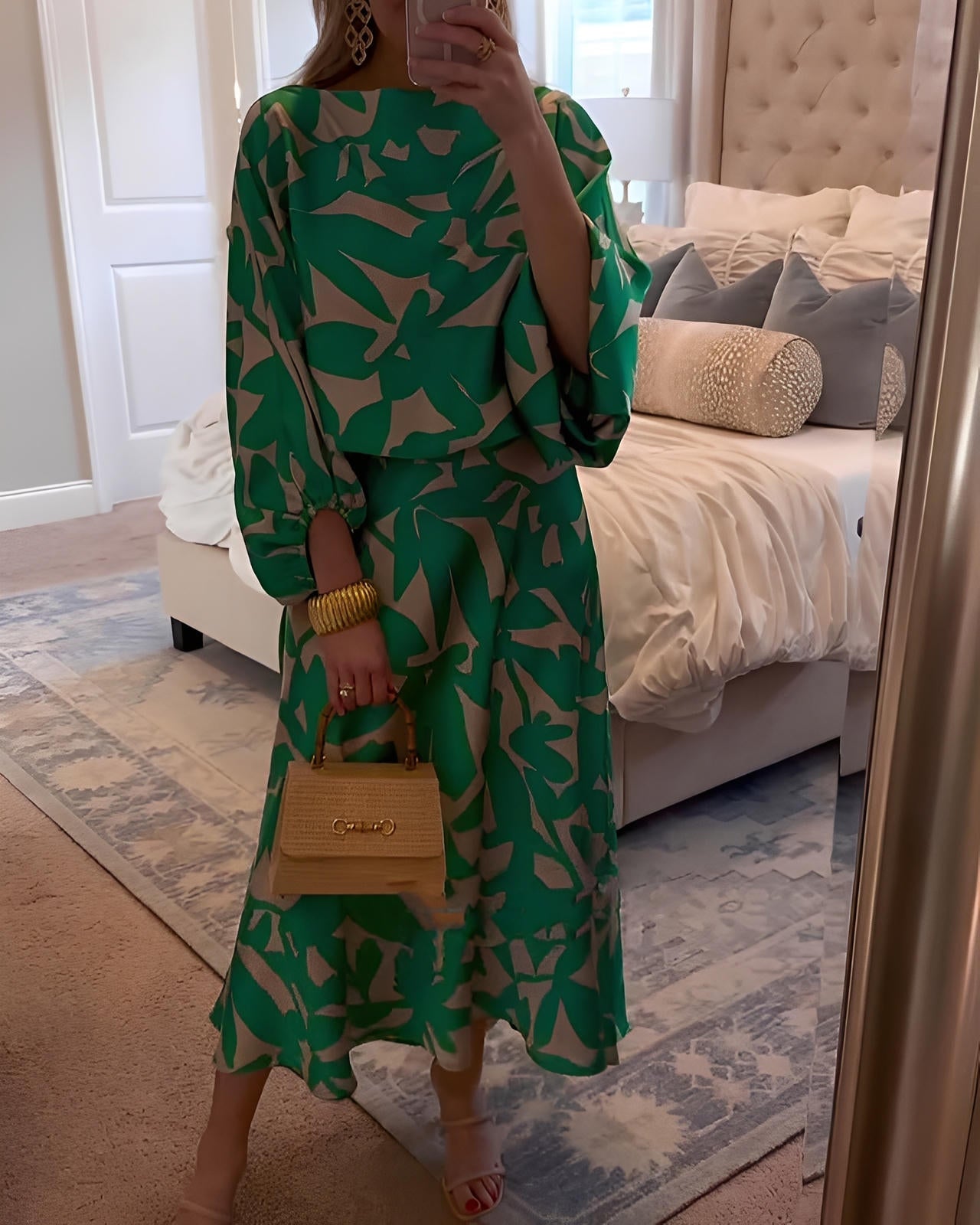 Printed Two-Piece Lantern Sleeve Dress Set – She Style Only